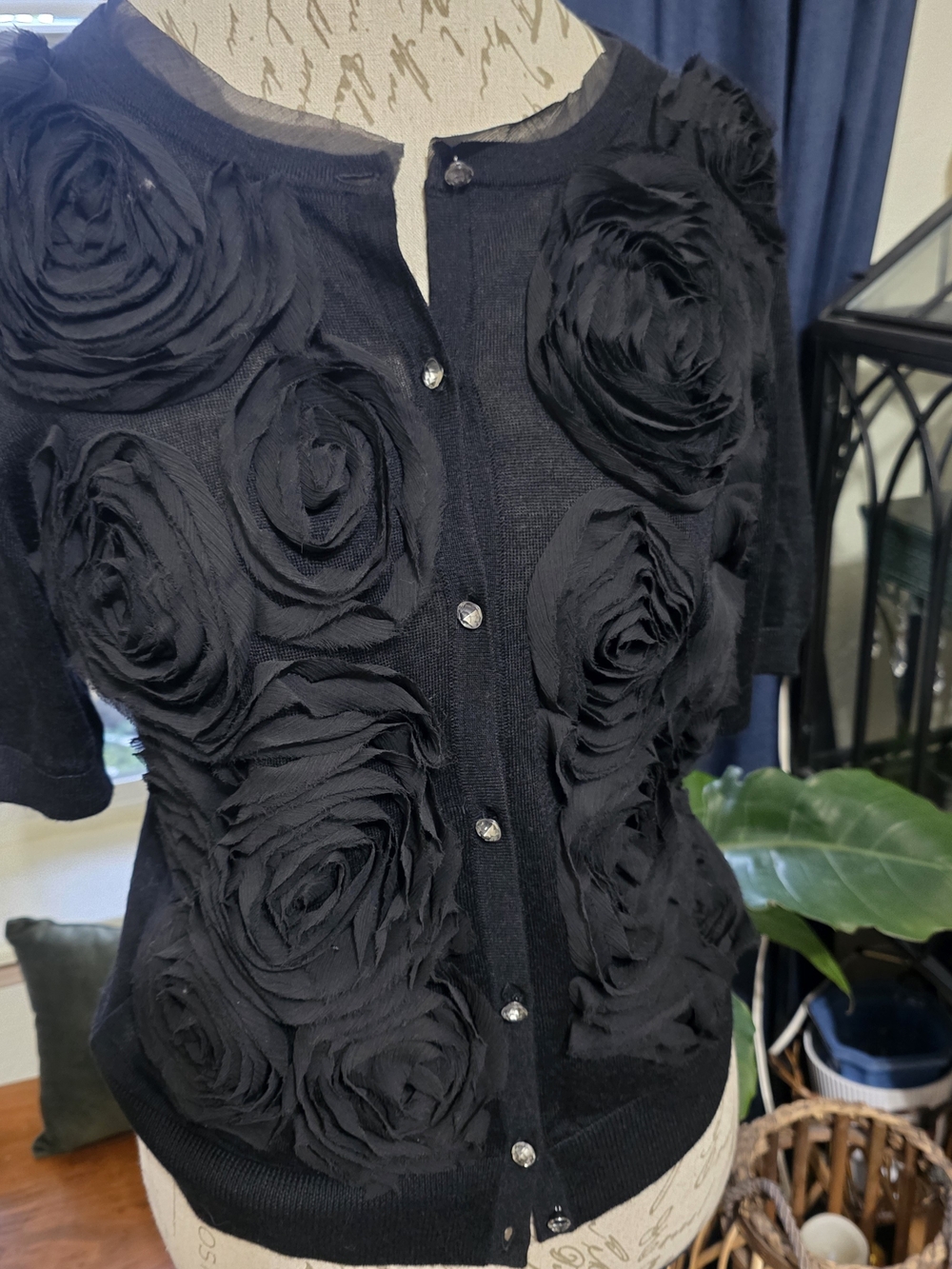 LOFT Black Floral Applique Short Sleeve Cardigan